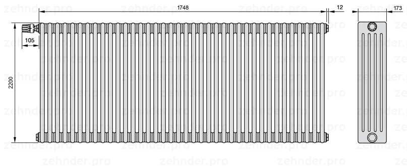 Схема (чертеж) Радиатор Zehnder Charleston 5220/38 №V012 Белый глянцевый RAL 9016